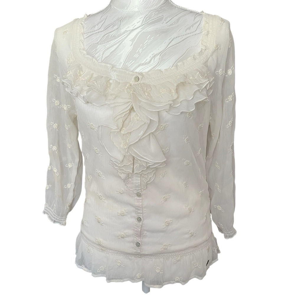 Abercrombie Fitch Sz XS Sheer Blouse Ruffles Elastic Waist Embroidered Victorian